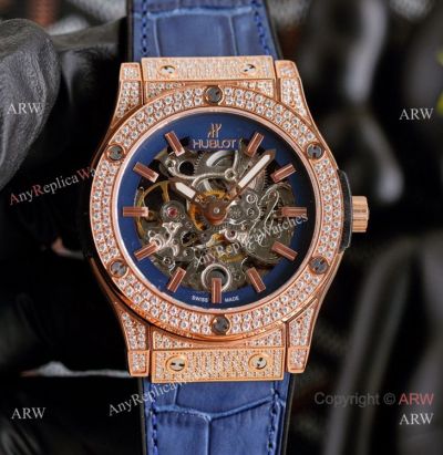 Copy Hublot Classic Fusion Hollow Rose Gold Iced Out Watches